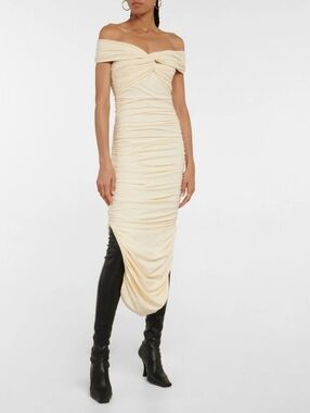 KHAITE Spence Ruched Off Shoulder Cotton Jersey Midi Dress In Cream S Org $1,380